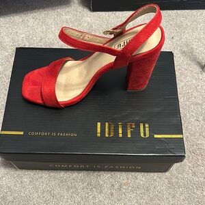 IDIFU Women's Red Block Heel Sandals